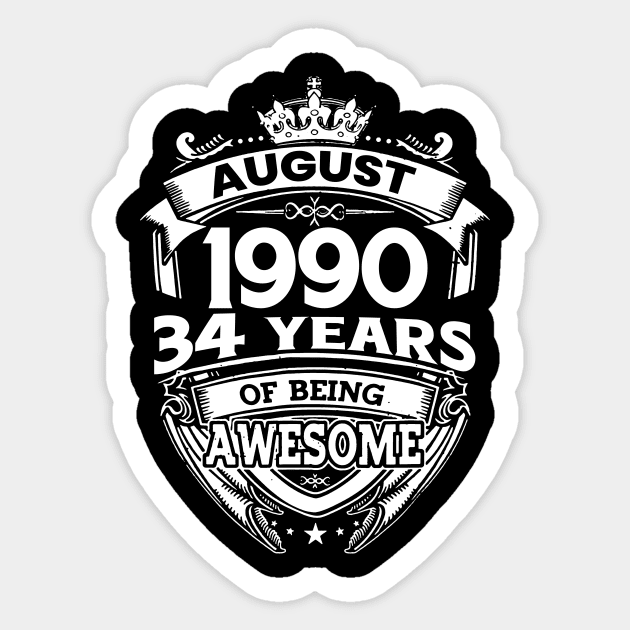 August 1990 34 Years Of Being Awesome 34th Birthday Sticker by Gadsengarland.Art